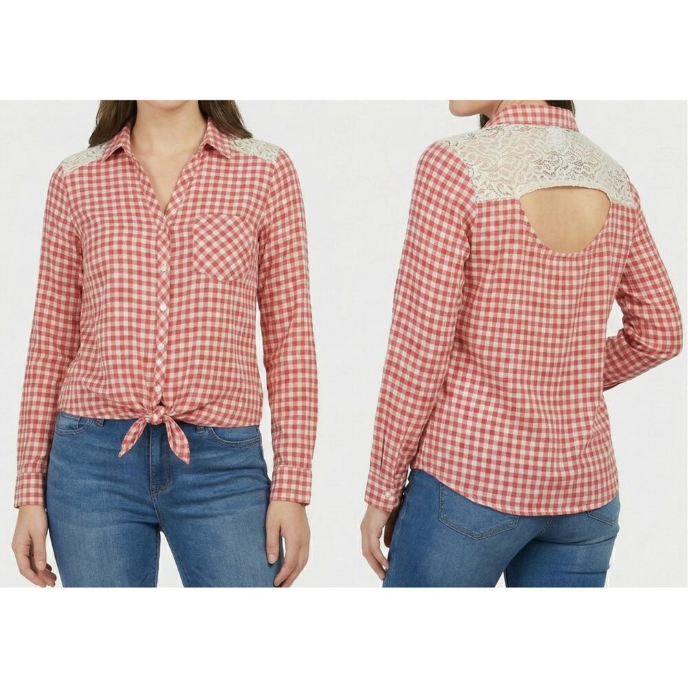 Aeropostale XL Pink White Check Button Front Long Sleeve Top Lace Back